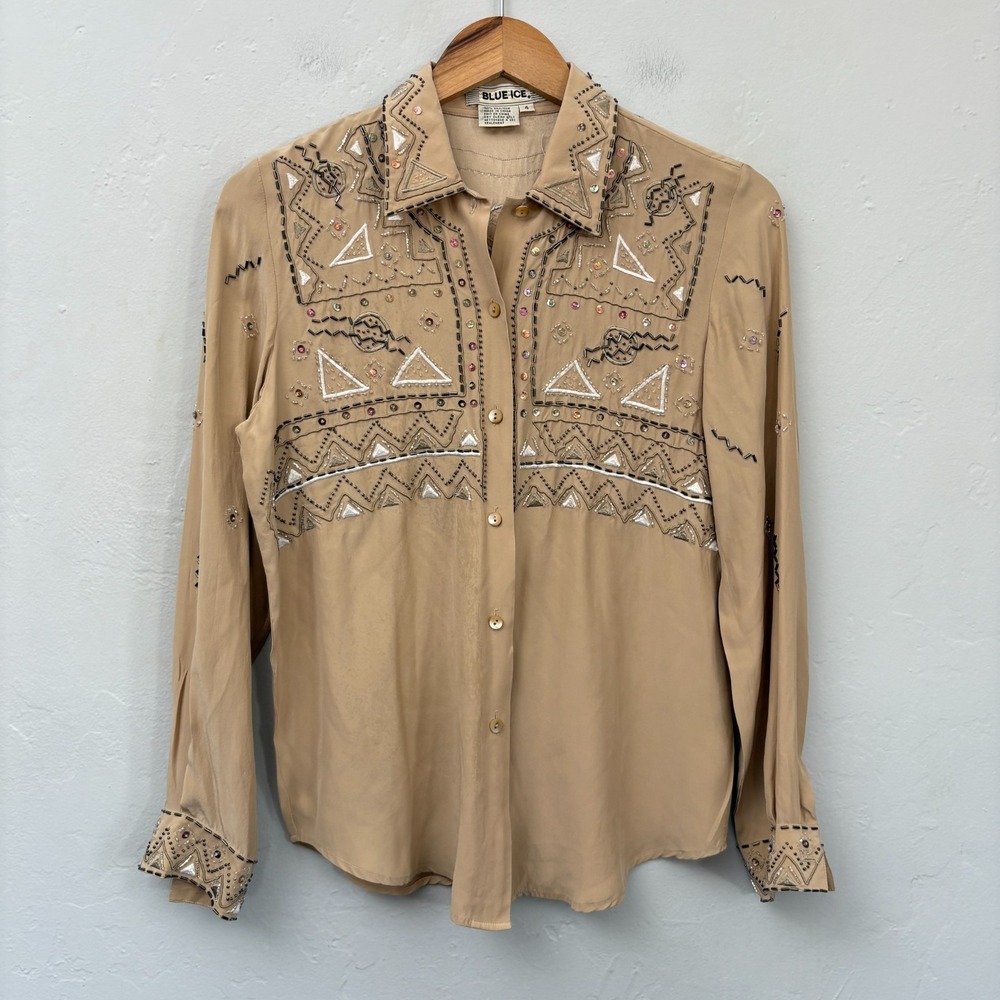 Blue Ice Vintage Silk Beaded Shirt Women Size 4 Beige Button Up Long Sleeve FLAW